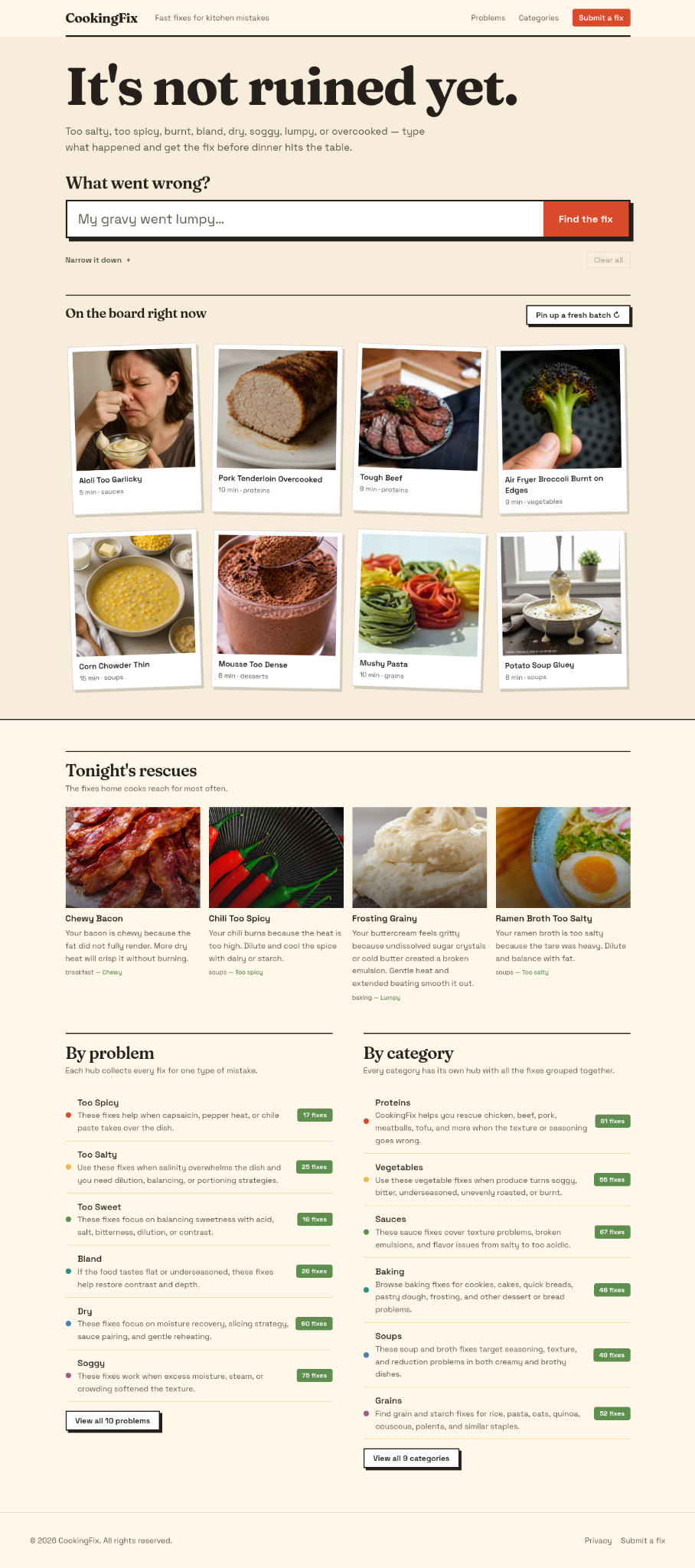 CookingFix homepage showing the It's not ruined yet search experience, current fixes, rescue articles, problem groups and categories