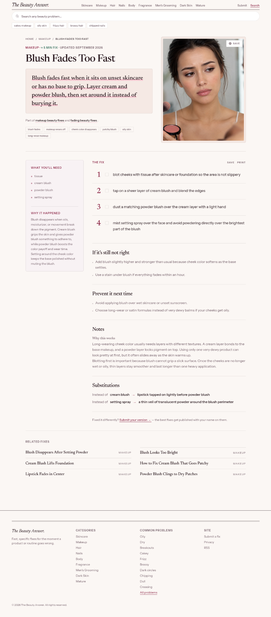 TheBeautyAnswer page showing a problem-first beauty article with quick fix steps and supporting notes