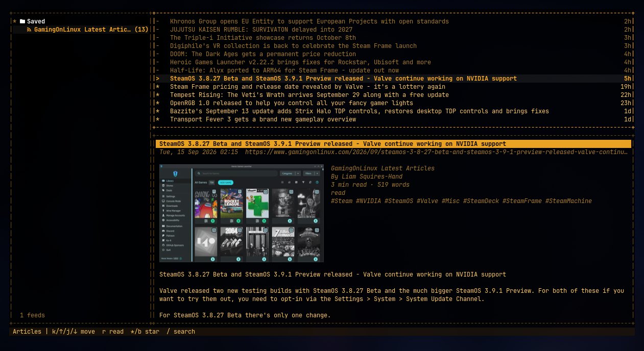 Tide, the terminal RSS reader, showing feeds, headlines and an article in three panes
