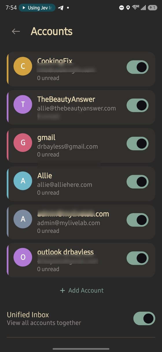 TideMail Android accounts screen showing multiple accounts and toggles