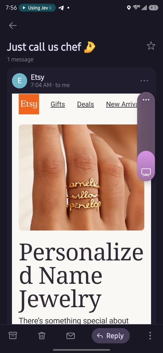 TideMail Android message view showing an Etsy email open with reply actions