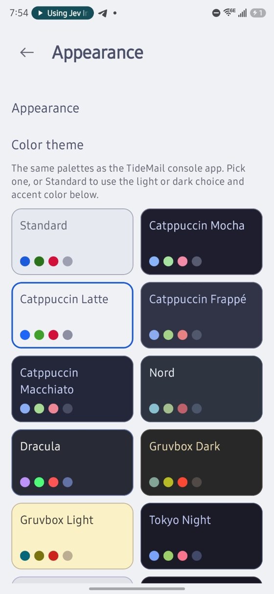 TideMail Android appearance screen showing theme choices
