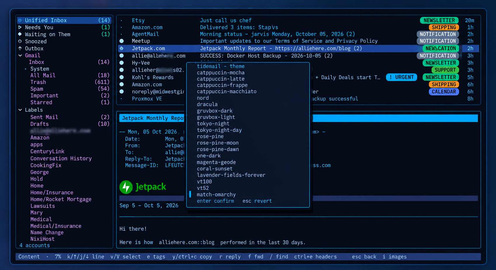 Real TideMail interface showing Unified Inbox, message list, message reader and live theme selector