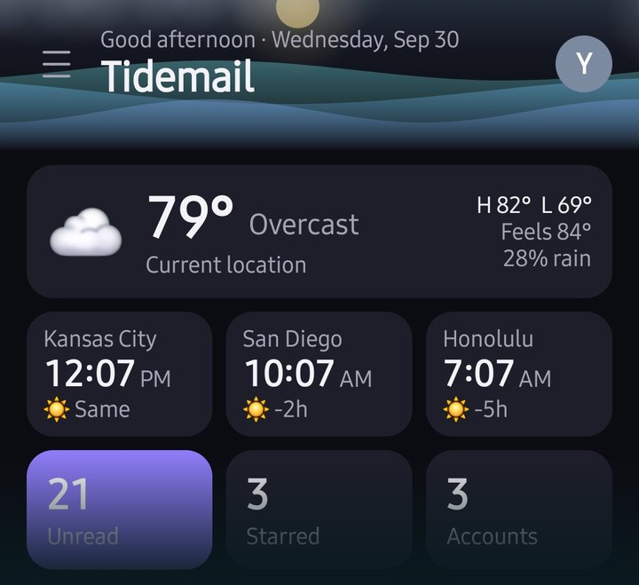 A peek at the TideMail Android home screen: the waves header, weather, world clocks and unread counts